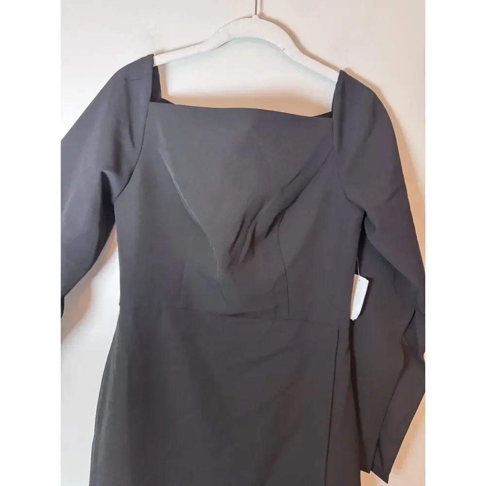 Kay Unger Black Midi Dress Split Sleeve Slit On Leg Sz 4 NEW